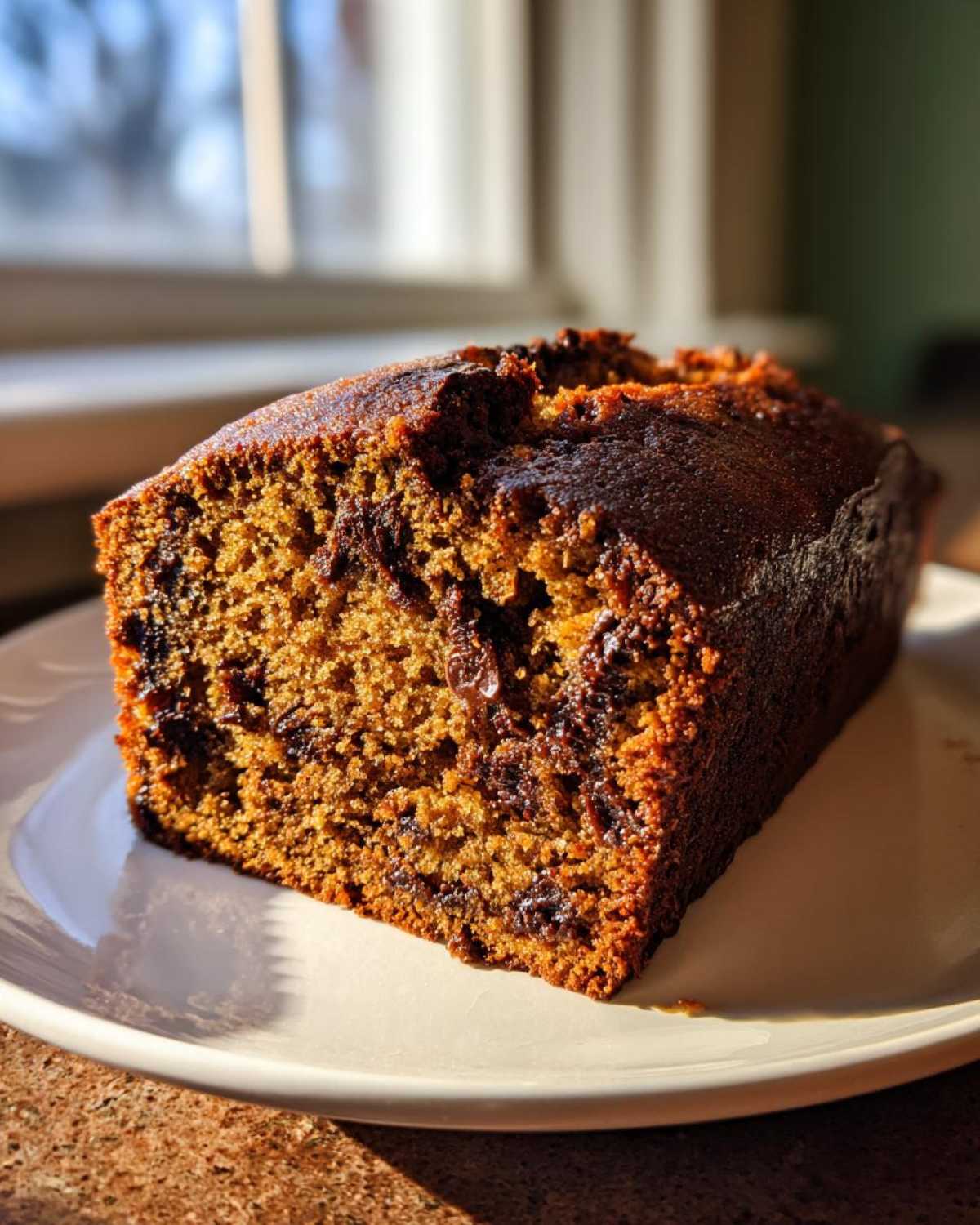 A freshly baked loaf of rich, dark chocolate bread sitting on a white plate, catching the sunlight.