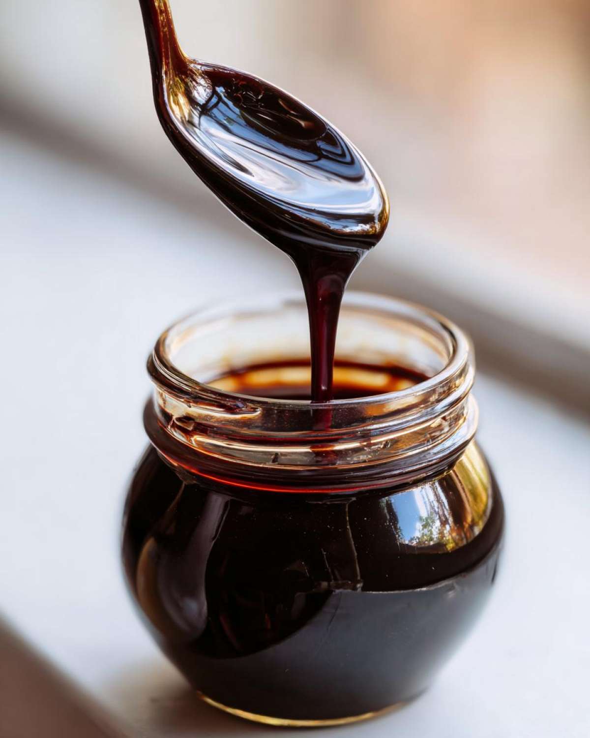 A spoonful of thick, dark homemade chocolate syrup is dripping back into a small glass jar.