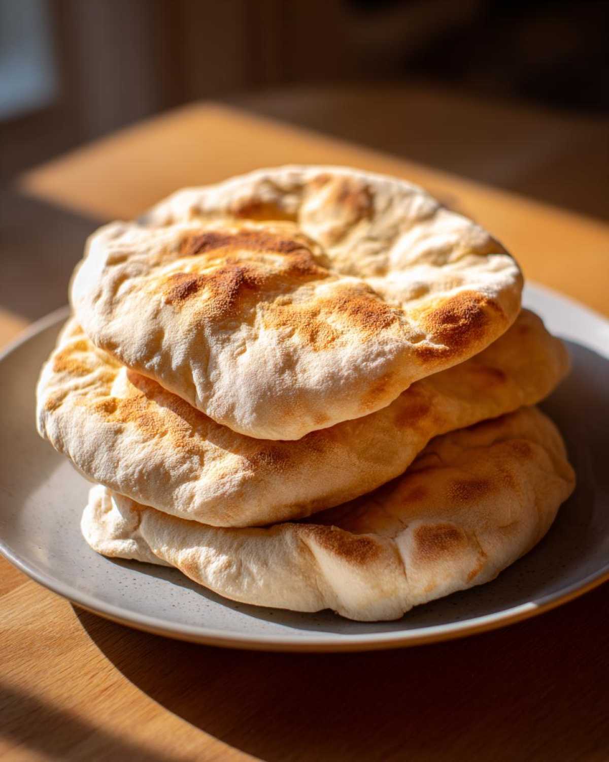 A stack of three freshly baked, fluffy pita bread pockets with golden brown spots, resting on a gray plate.