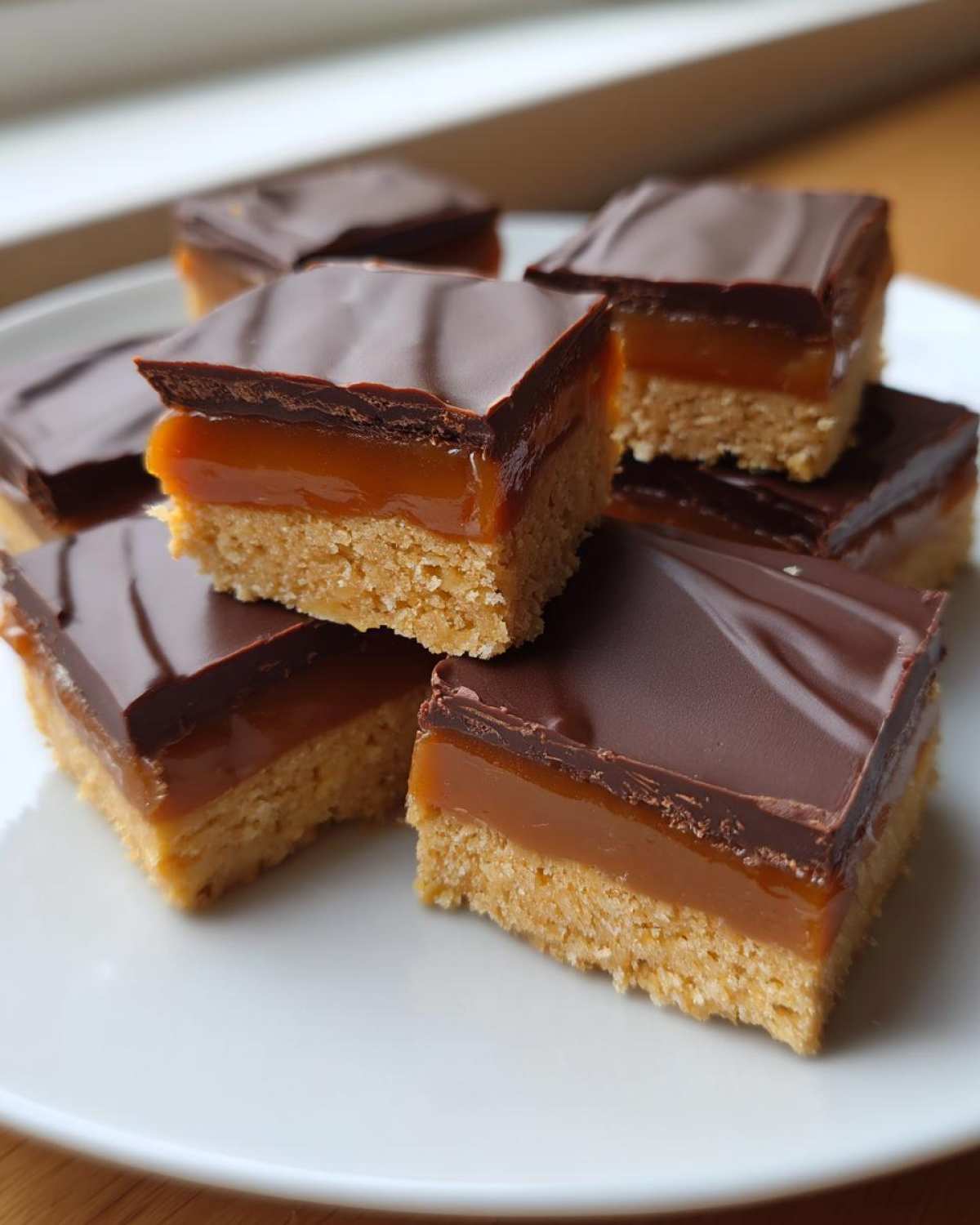 Close-up of several homemade twix bites stacked on a white plate, showing shortbread base, thick caramel, and chocolate top.