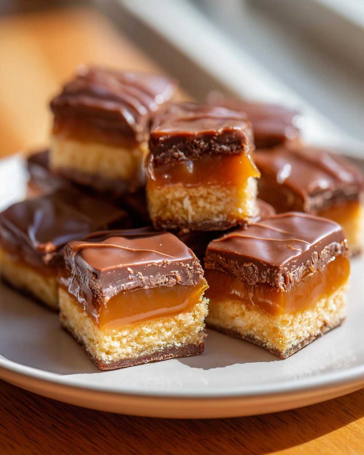 Close-up of several square homemade twix bites stacked on a plate, showing shortbread, thick caramel, and chocolate topping.
