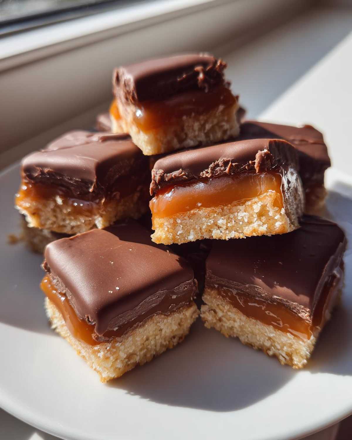 A stack of homemade twix bites featuring a shortbread base, caramel layer, and chocolate topping, lit by sunlight.