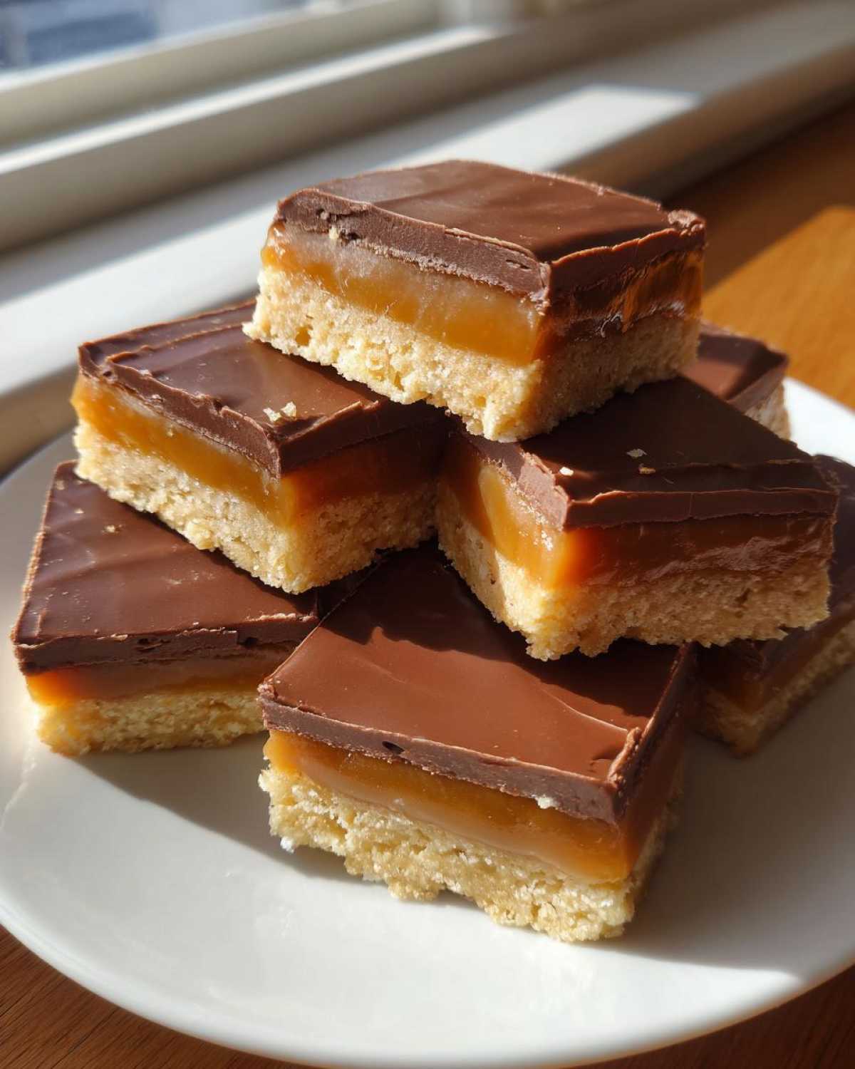 A stack of homemade twix bites showing a shortbread base, thick caramel layer, and chocolate topping.
