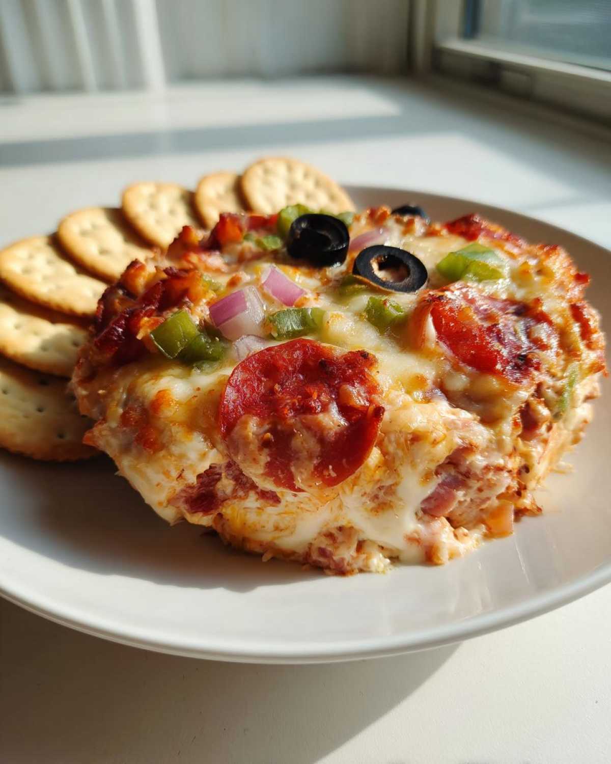 Close-up of a hot, cheesy hoagie dip topped with pepperoni, olives, peppers, and onions, served with crackers.