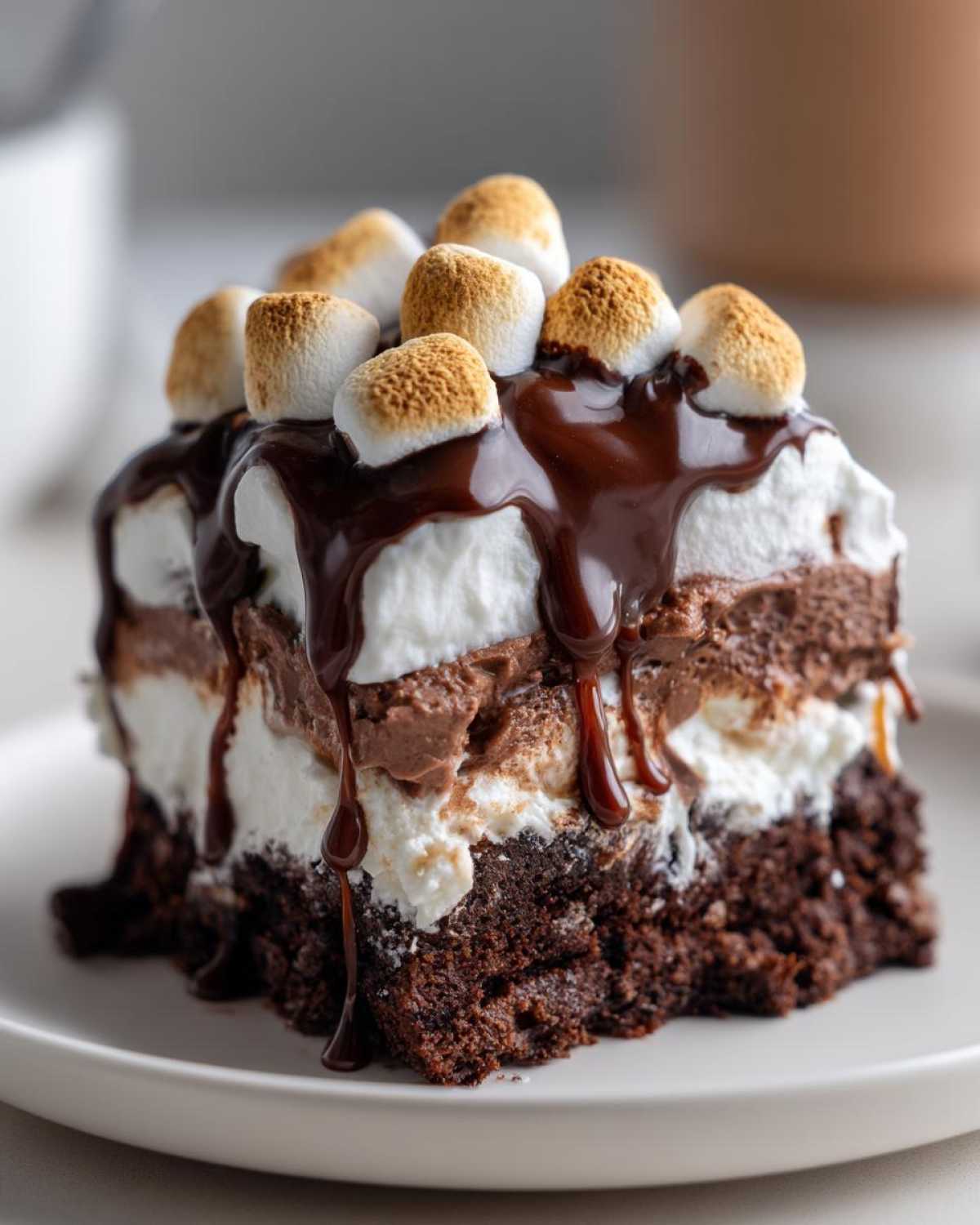 Close-up of a rich slice of hot chocolate poke cake layered with cream, fudge, and topped with toasted marshmallows and chocolate drizzle.