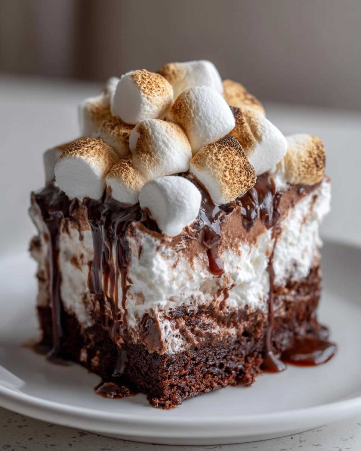 A decadent slice of hot chocolate poke cake topped with whipped cream, chocolate drizzle, and toasted marshmallows.