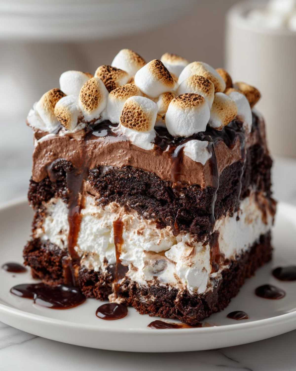 A rich slice of hot chocolate poke cake layered with chocolate cake, white filling, and topped with toasted marshmallows.