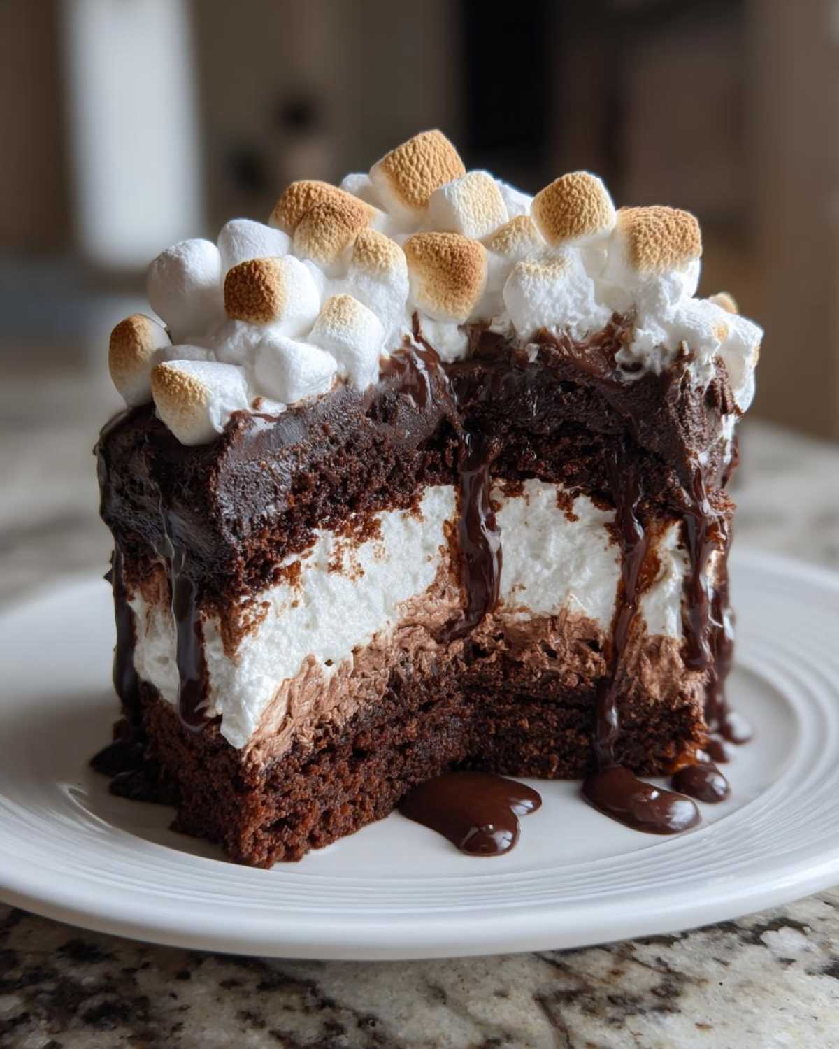 A decadent slice of hot chocolate poke cake layered with chocolate cake, white filling, and topped with toasted marshmallows and chocolate drizzle.