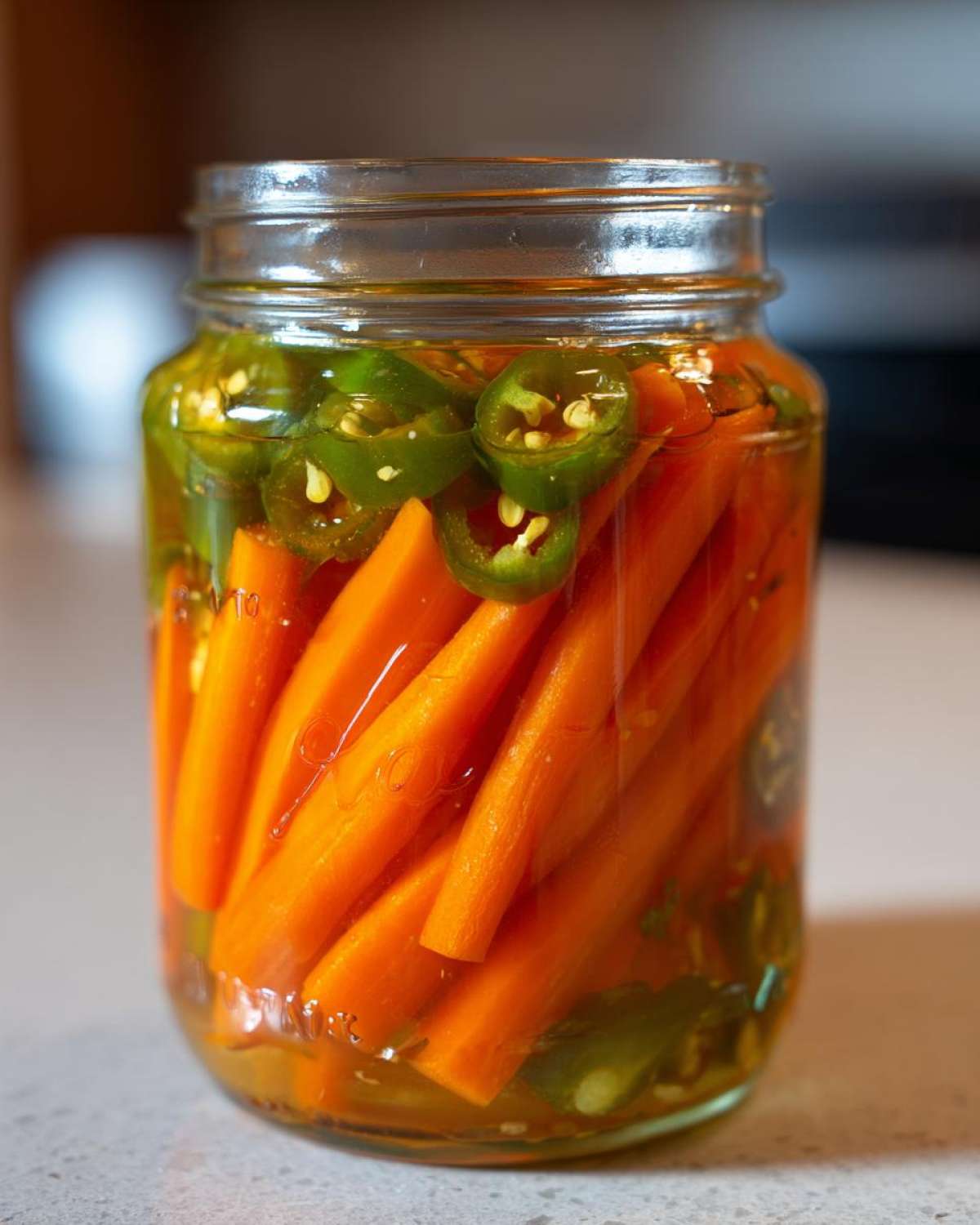 Close-up of bright orange pickled carrots spears and sliced jalapeños in a glass jar.