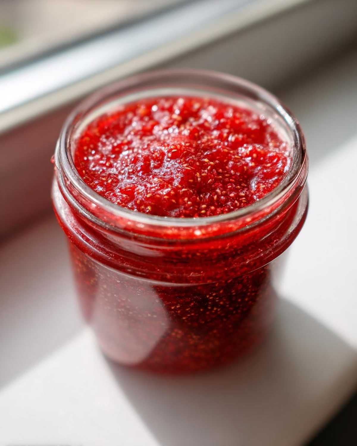 Close-up of a glass jar filled with vibrant red strawberry freezer jam, sitting near a bright window.