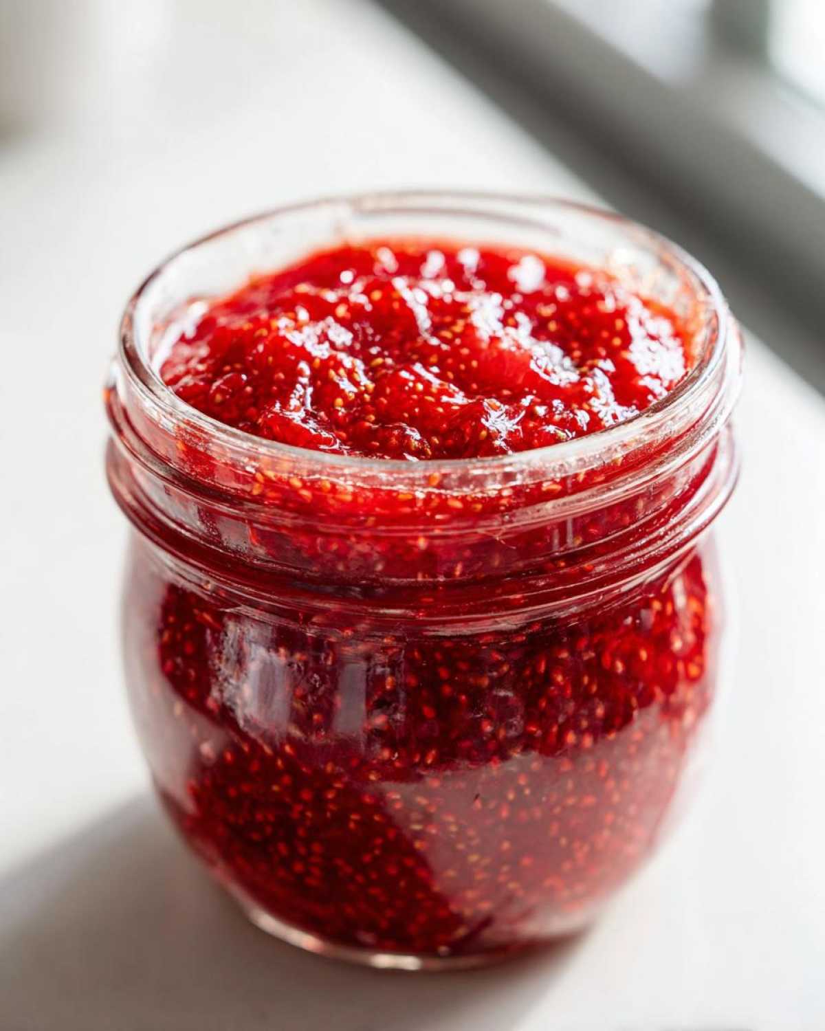Close-up of a glass jar filled with vibrant, chunky strawberry freezer jam, showing many seeds.