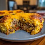 A cross-section of a baked john wayne casserole showing a savory ground beef filling topped with melted cheddar cheese.