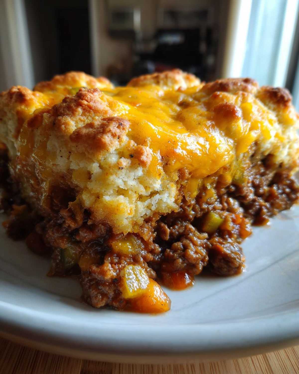 A close-up of a hearty serving of john wayne casserole with a biscuit topping and melted cheddar cheese.