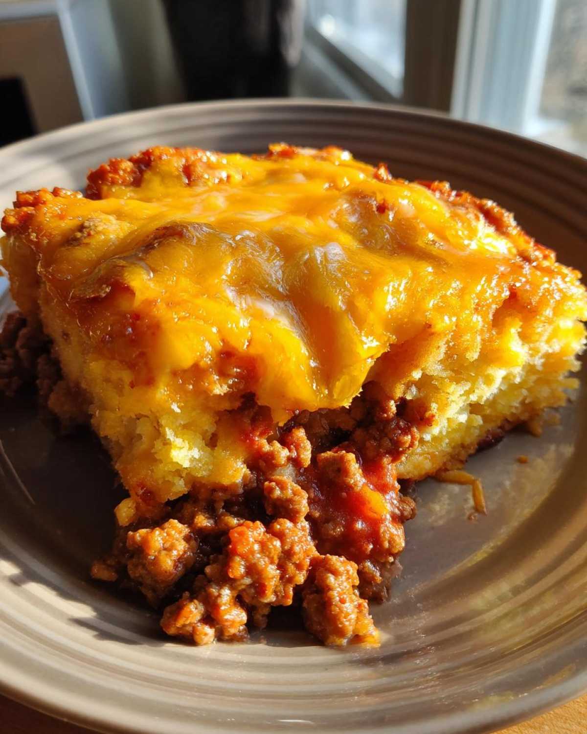 A close-up serving of john wayne casserole featuring a thick layer of melted cheddar cheese over cornbread and seasoned ground beef.