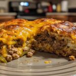 A cross-section of the amazing john wayne casserole showing ground beef, melted cheddar cheese, and biscuit crust.