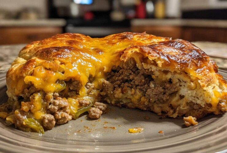 A cross-section of the amazing john wayne casserole showing ground beef, melted cheddar cheese, and biscuit crust.