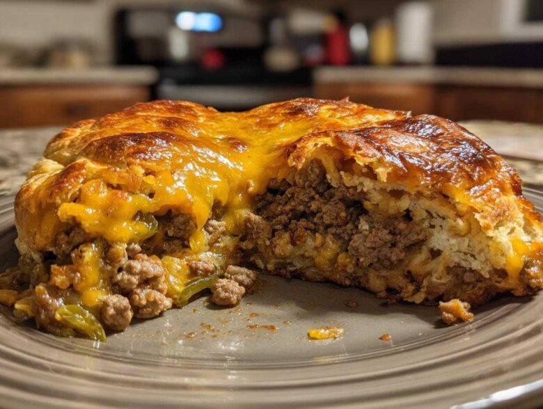 A cross-section of the amazing john wayne casserole showing ground beef, melted cheddar cheese, and biscuit crust.