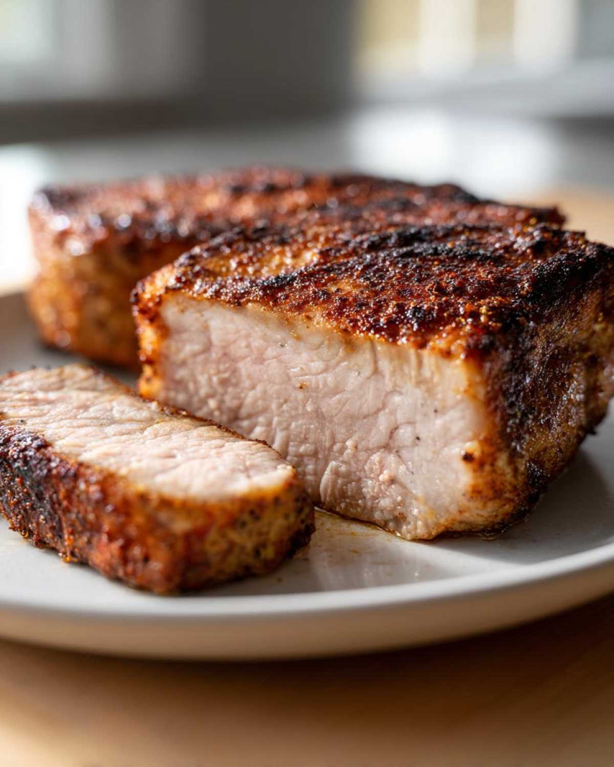Close-up of perfectly cooked air fryer pork chops showing a juicy, tender interior and a seasoned, browned crust.