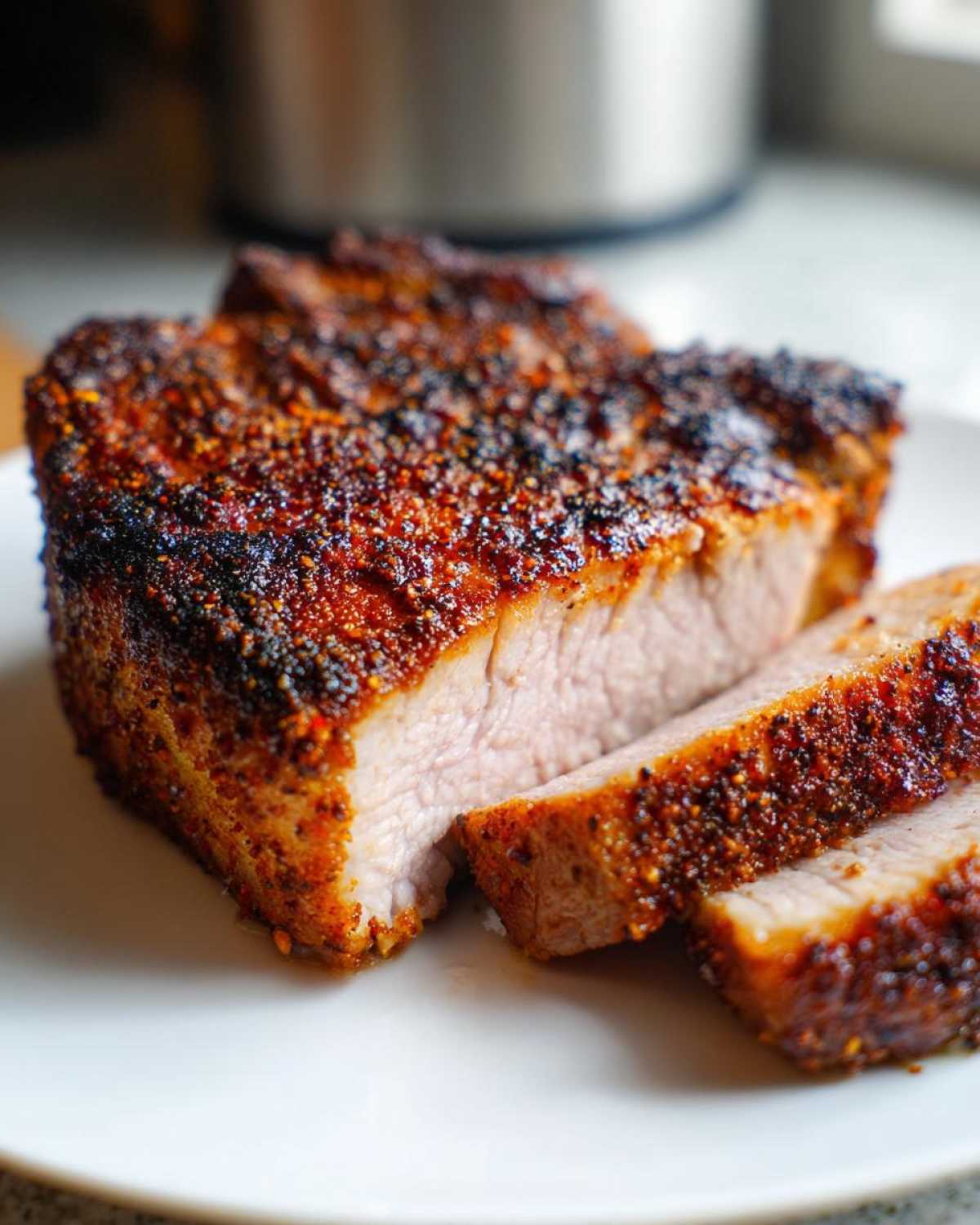 Close-up of thick, juicy air fryer pork chops, sliced to show the perfectly cooked interior and dark, seasoned crust.