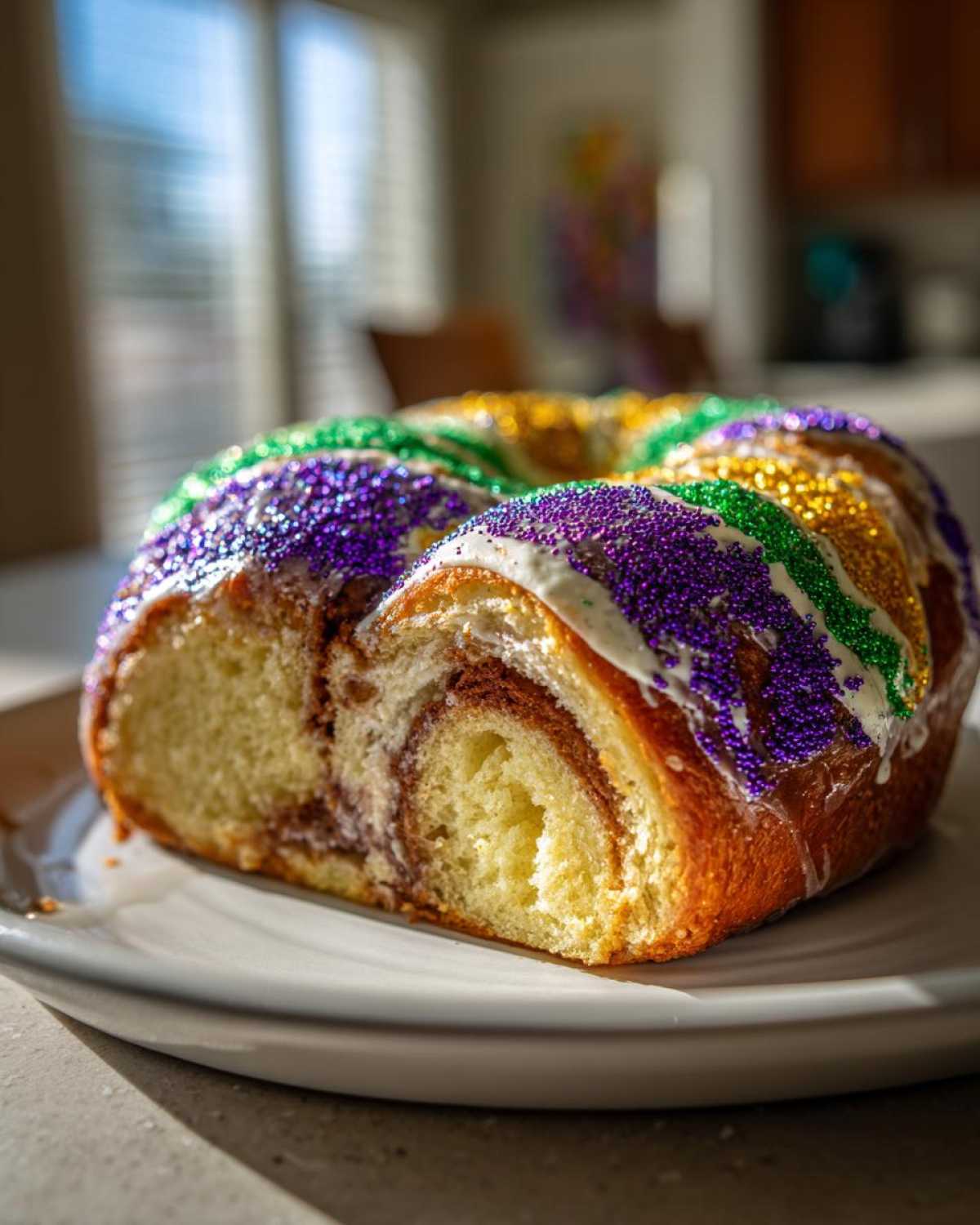 Close-up of a slice cut from a traditional king cake, showing the swirl interior and purple, green, and gold sprinkles.