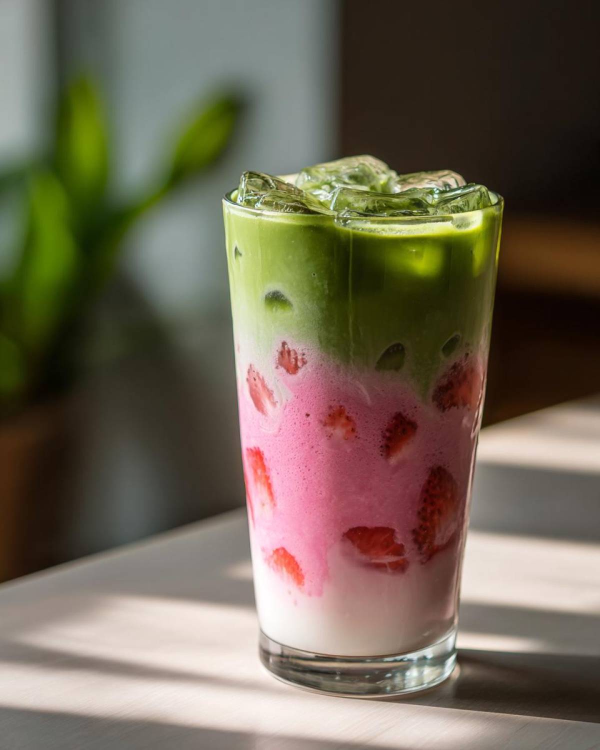 Close-up of a tall glass containing a layered strawberry matcha drink with ice cubes and visible strawberry pieces.
