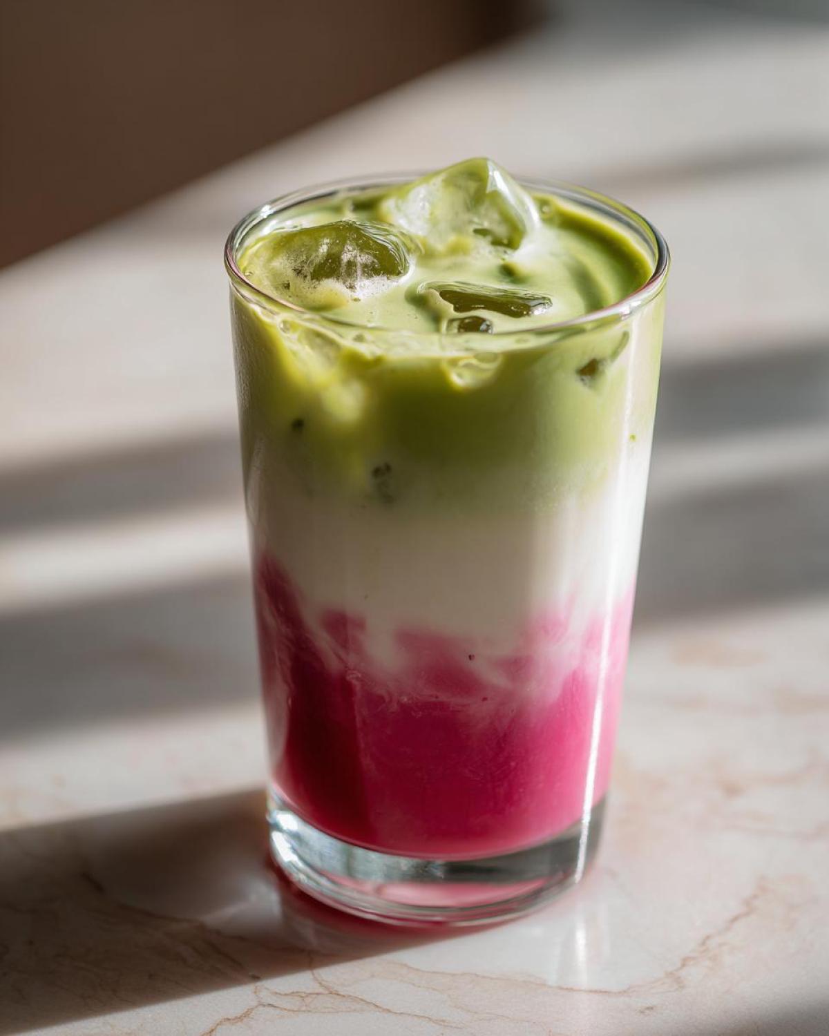 Close-up of a tall glass containing a layered iced strawberry matcha drink with pink, white, and green layers over ice.