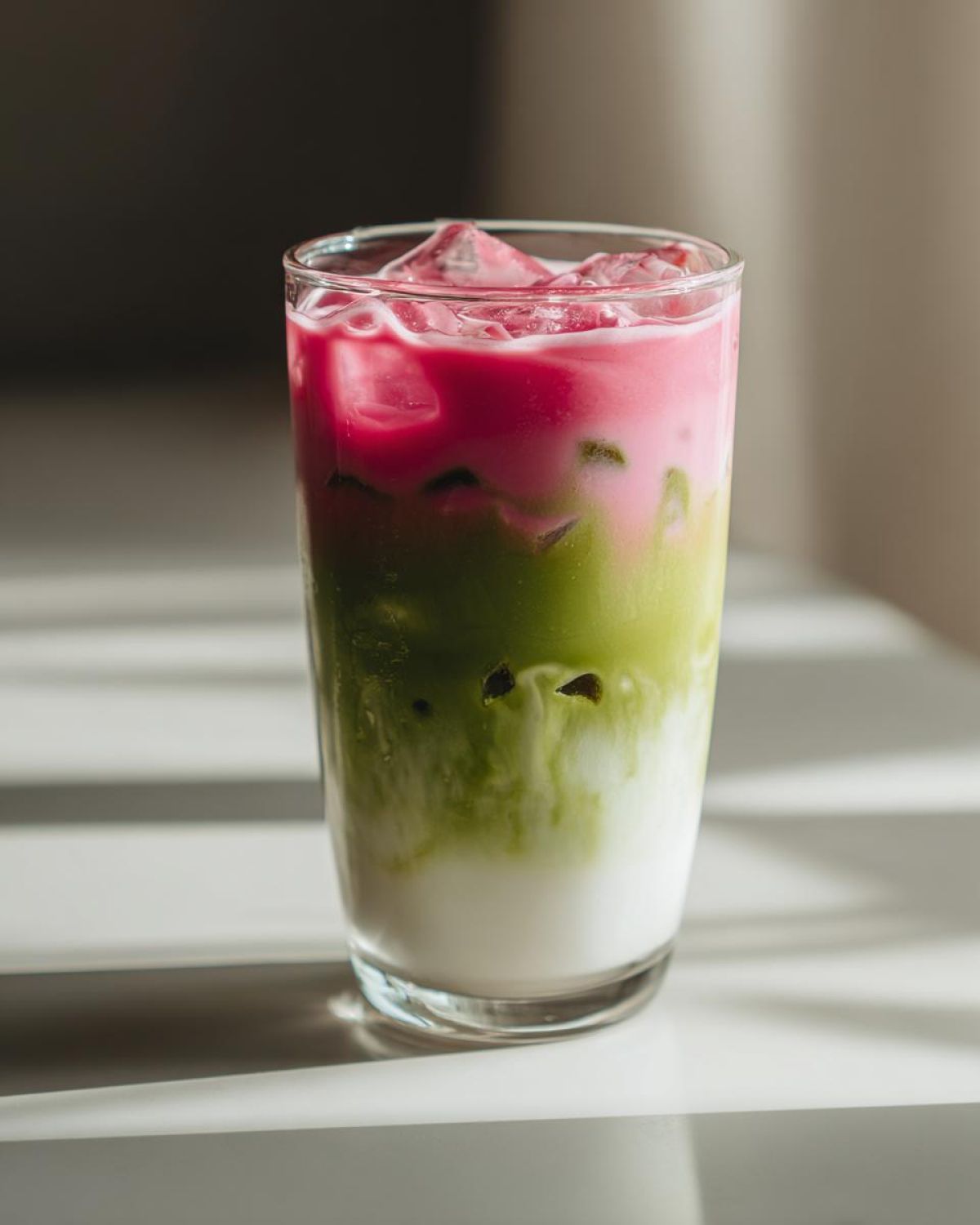A tall glass showing a layered strawberry matcha drink with white milk at the bottom, green matcha, and bright pink strawberry topping over ice.