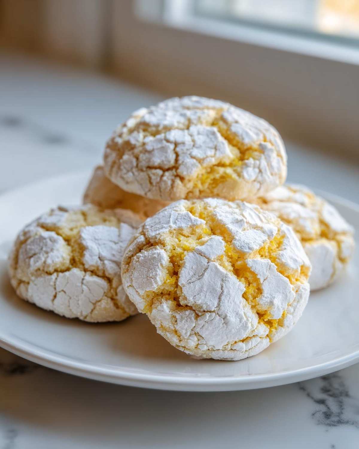 Close-up of several bright yellow lemon crinkle cookies dusted heavily with powdered sugar on a white plate.