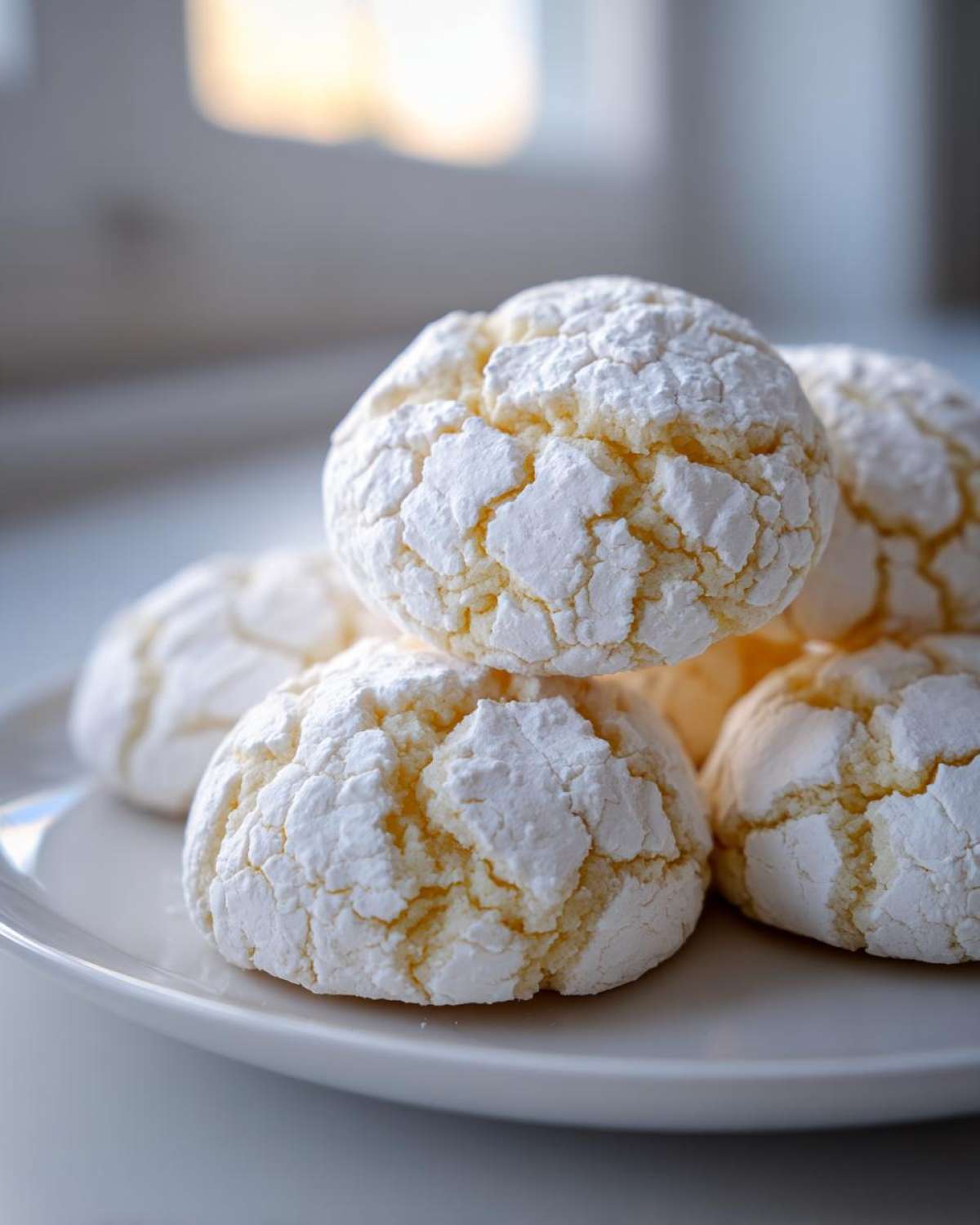 A close-up stack of soft, pale yellow lemon crinkle cookies heavily coated in white powdered sugar.