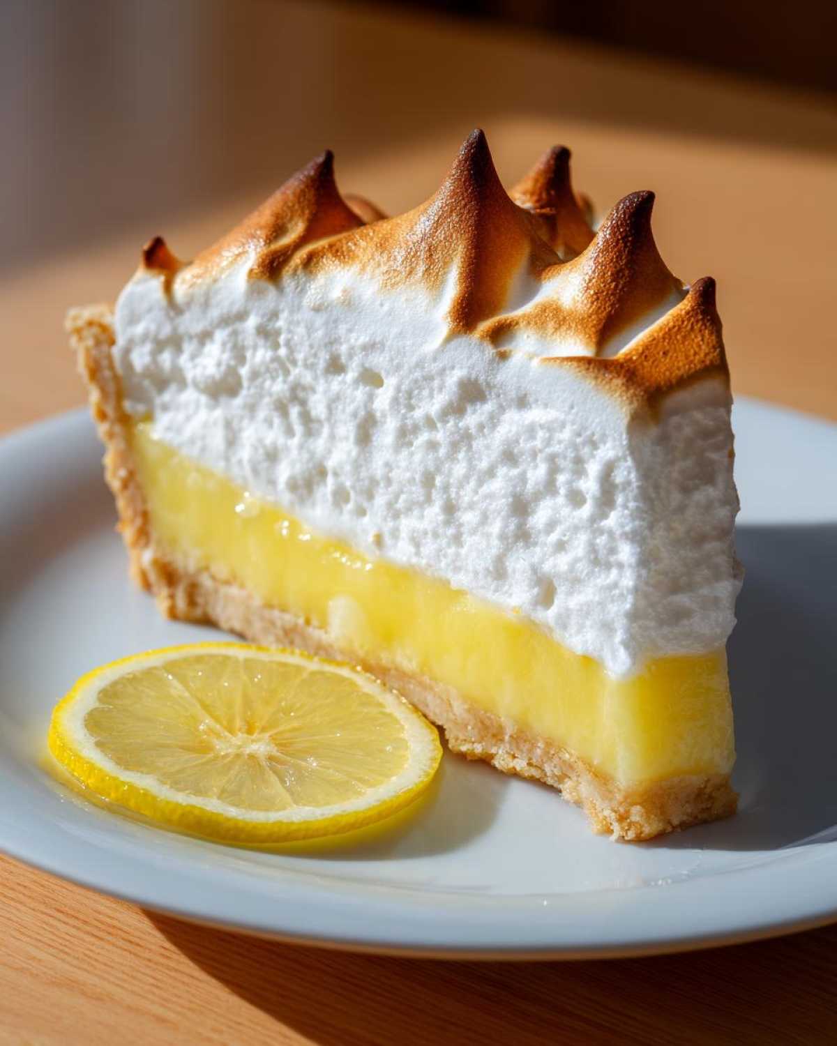 A tall slice of lemon meringue pie showing the crust, bright yellow filling, and peaks of toasted white meringue.