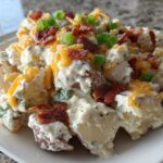 Close-up of creamy baked potato salad topped with cheddar cheese, bacon bits, and green onions.
