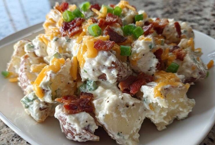 Close-up of creamy baked potato salad topped with cheddar cheese, bacon bits, and green onions.