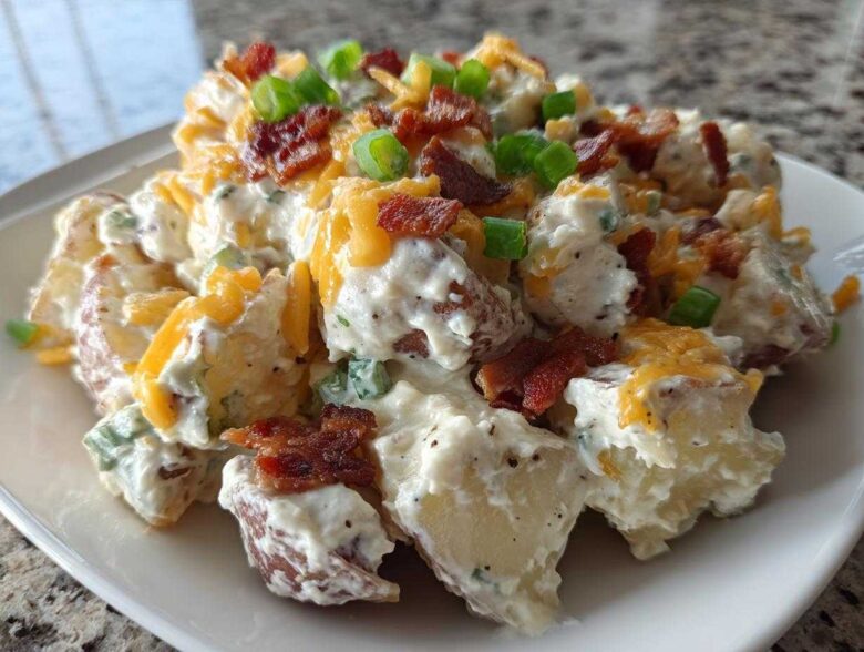 Close-up of creamy baked potato salad topped with cheddar cheese, bacon bits, and green onions.