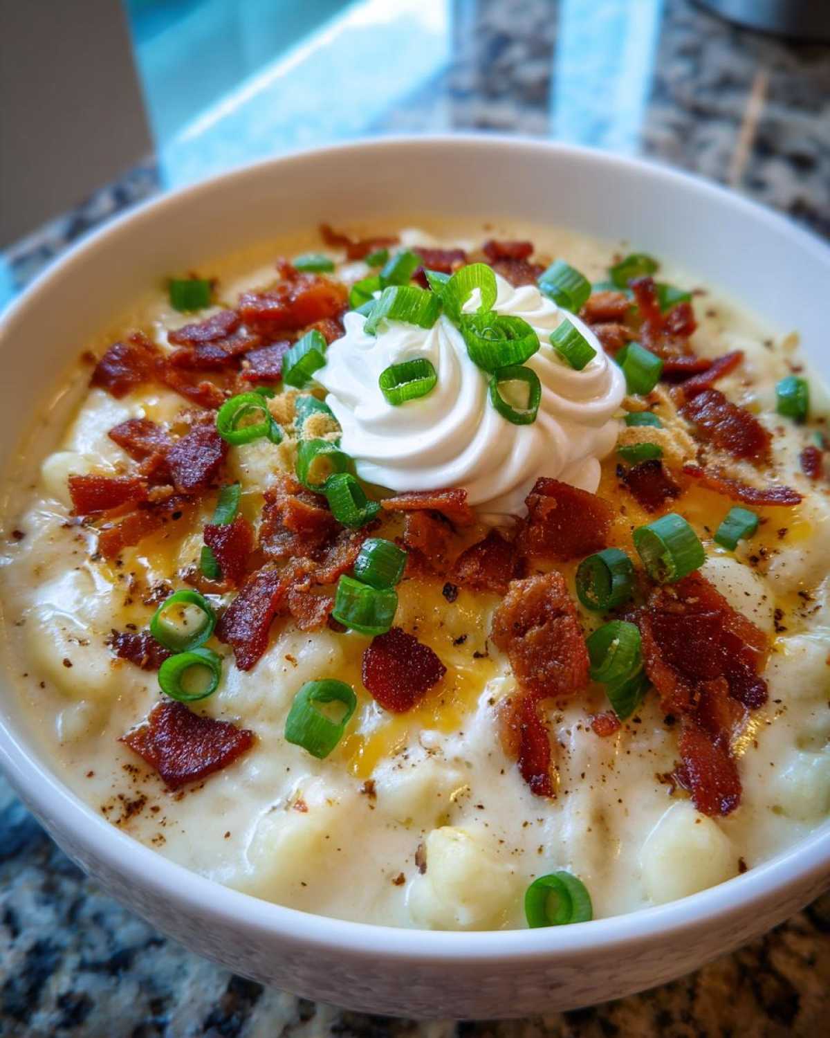 Close-up of a hearty bowl of loaded potato soup recipe, topped with bacon bits, sour cream, and green onions.