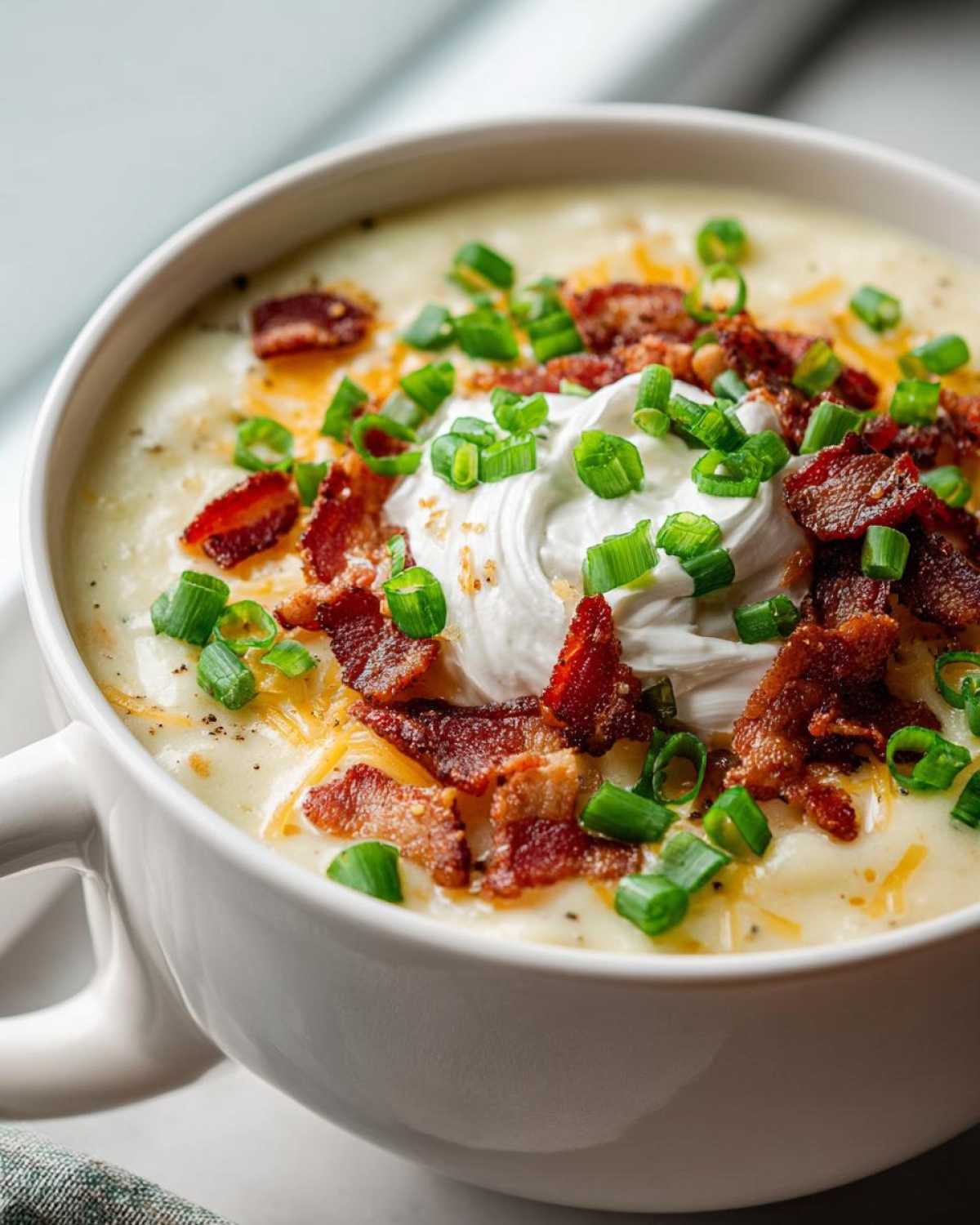 Close-up of a creamy potato soup recipe topped with sour cream, bacon, and green onions.