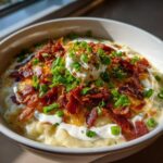 A creamy bowl of loaded potato soup recipe topped with bacon, cheese, sour cream, and chives.