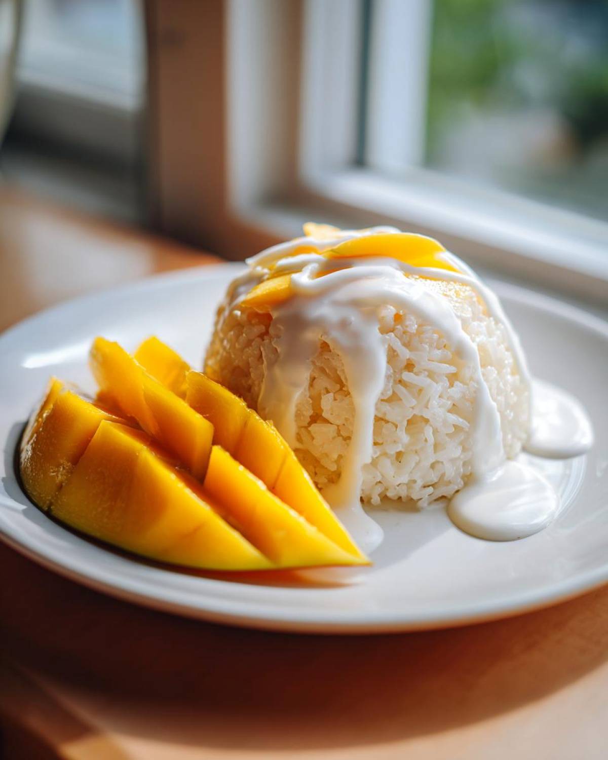 A perfectly molded serving of mango sticky rice topped with coconut cream and fresh mango slices.