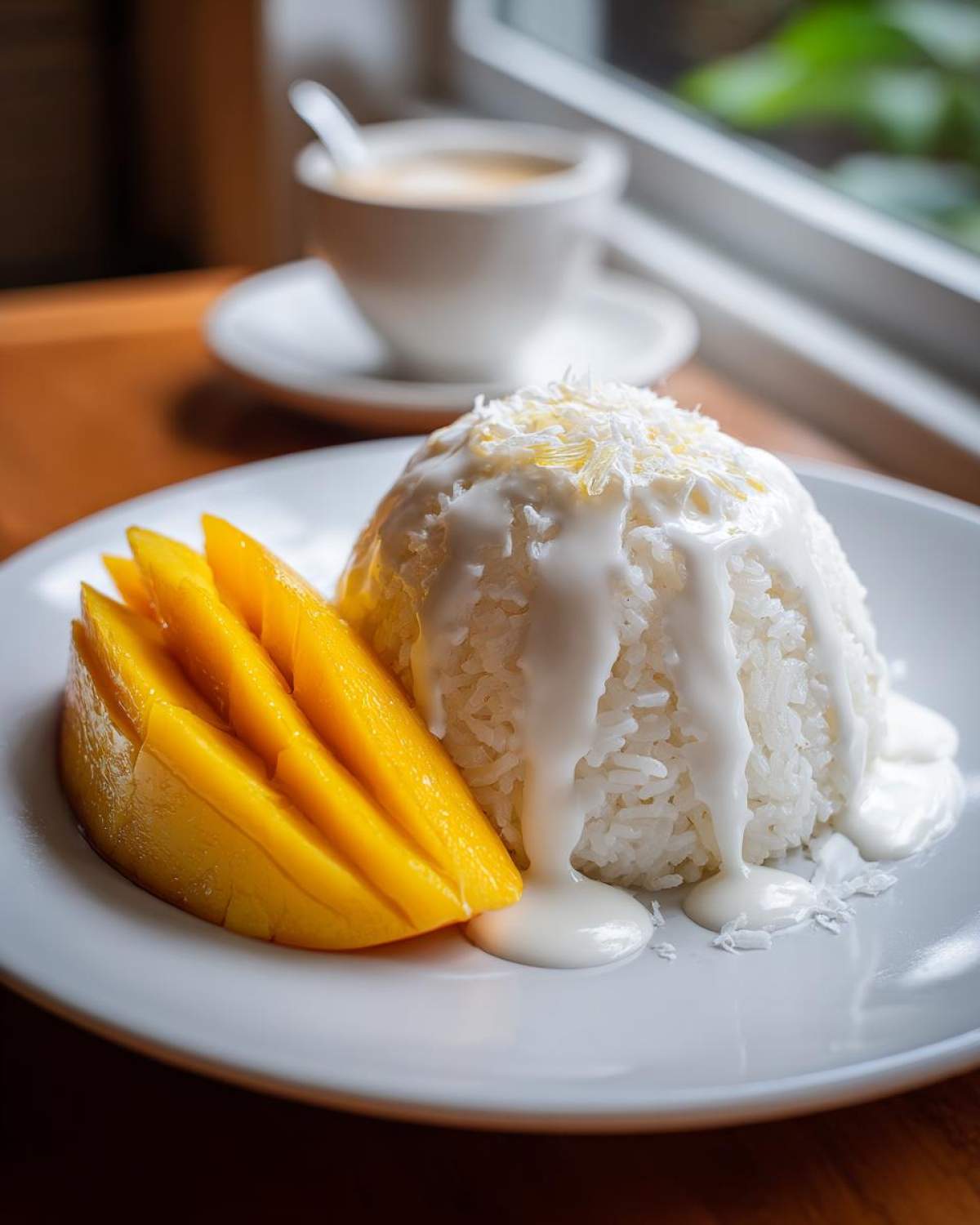 A beautiful plate of mango sticky rice topped with sweet coconut cream and shredded coconut.