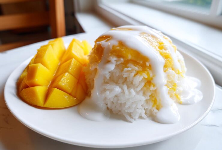 A serving of mango sticky rice featuring diced fresh mango and sticky rice topped with sweet coconut cream.