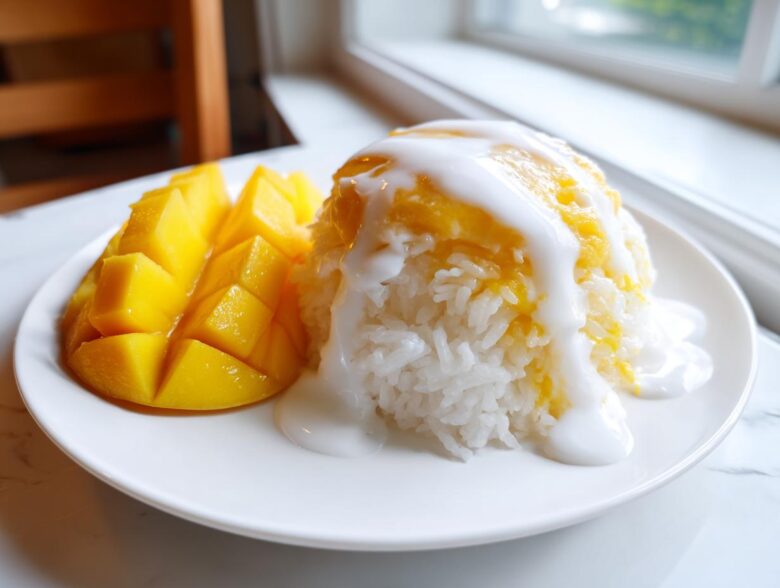 A serving of mango sticky rice featuring diced fresh mango and sticky rice topped with sweet coconut cream.