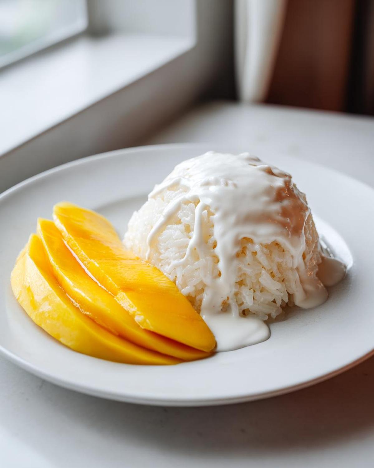 A beautiful serving of mango sticky rice featuring bright yellow mango slices next to sticky rice topped with rich coconut cream sauce.