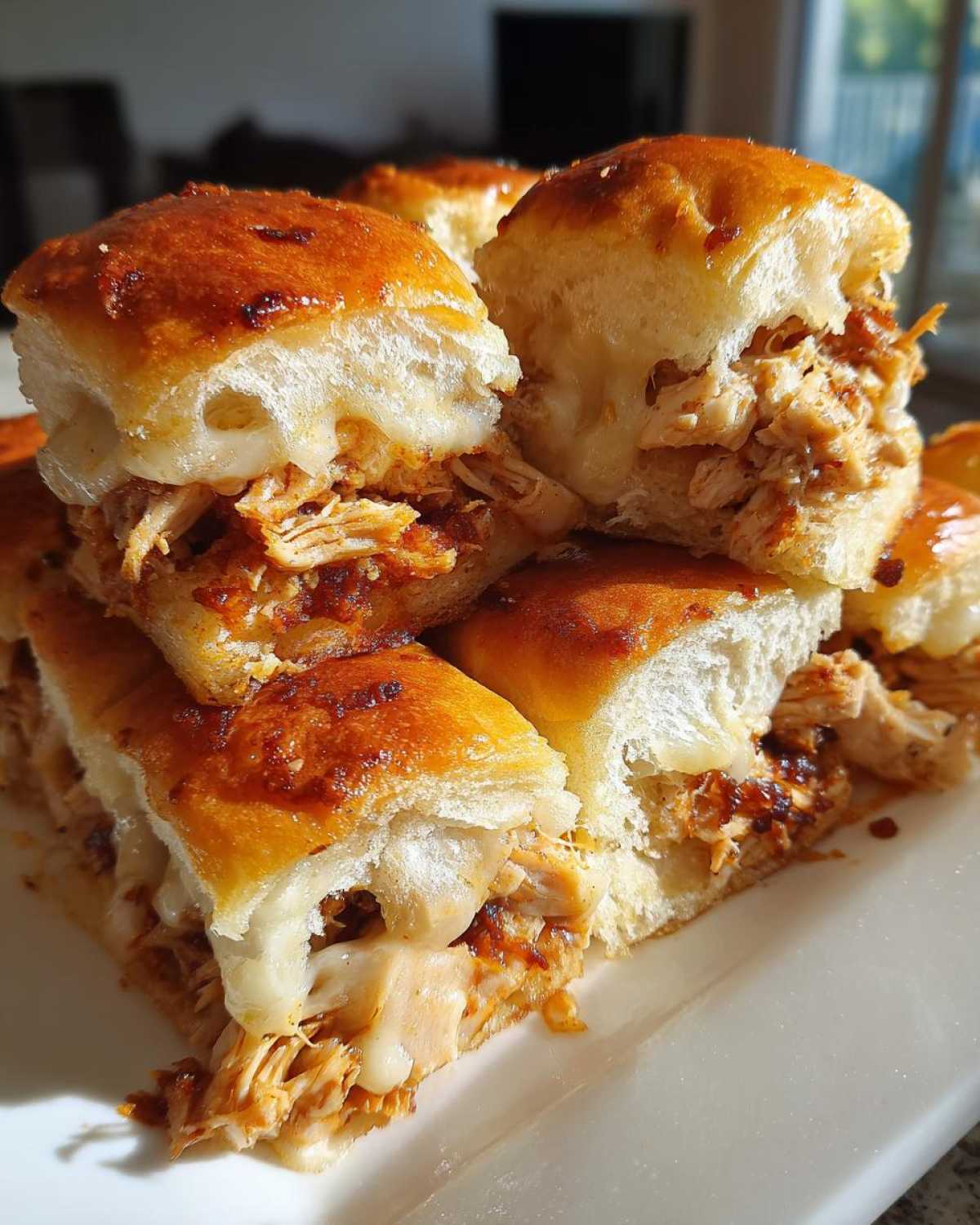 Close-up of stacked, freshly baked bbq chicken sliders oozing with melted white cheese on golden buns.