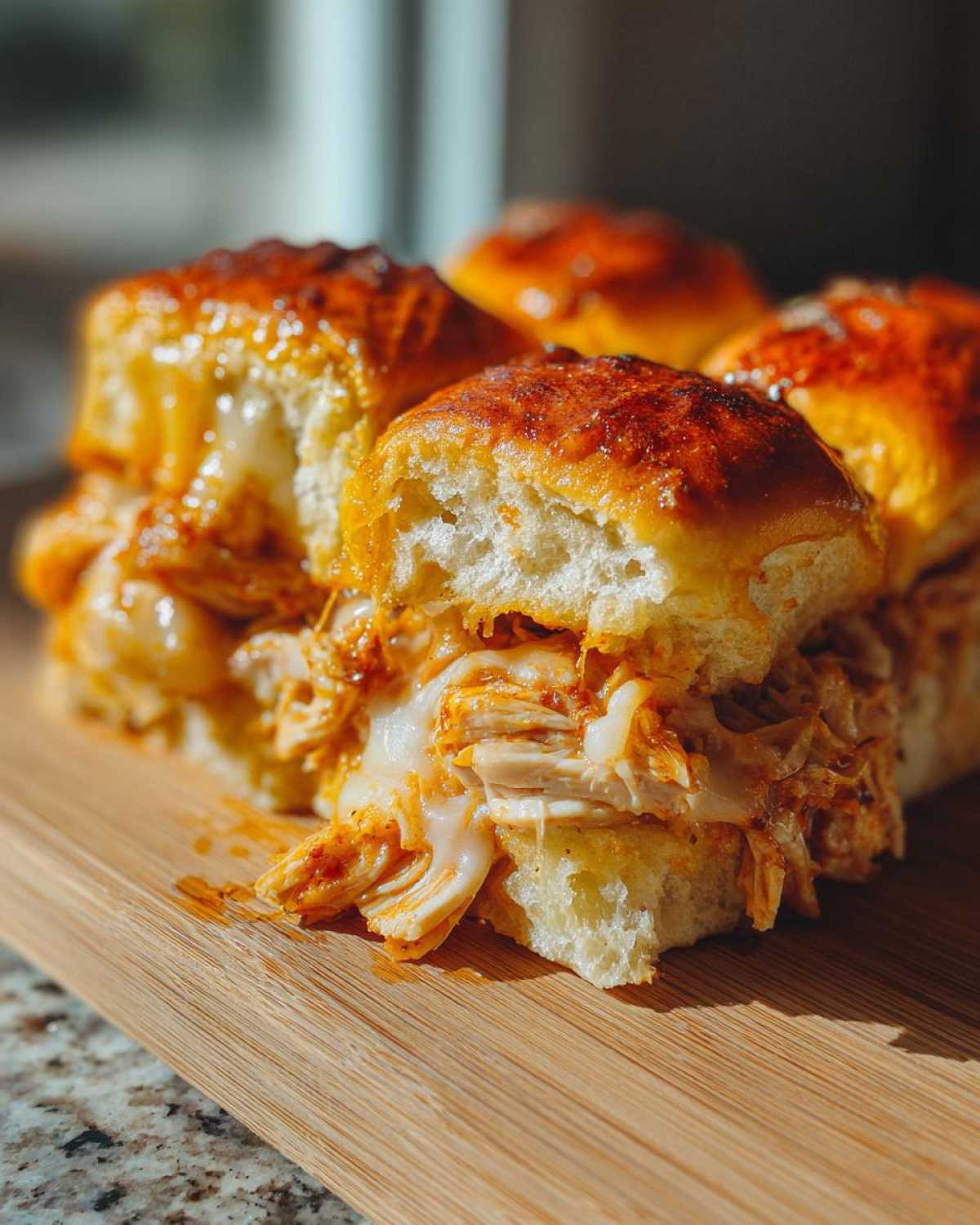 Close-up of gooey bbq chicken sliders with melted cheese oozing out of the toasted buns.