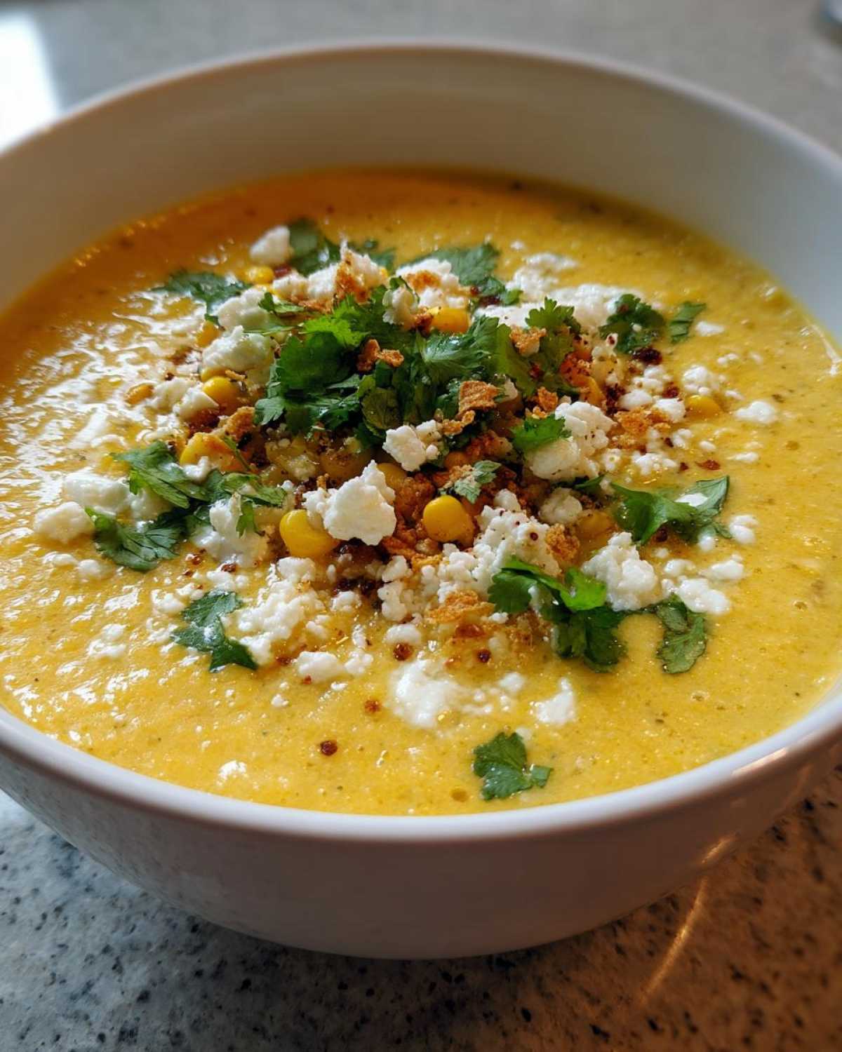 Close-up of a bowl of vibrant yellow Mexican street corn soup topped generously with crumbled cotija cheese, cilantro, and corn kernels.
