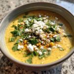 Close-up of a creamy yellow Mexican street corn soup topped generously with crumbled cotija cheese, cilantro, and chili powder.