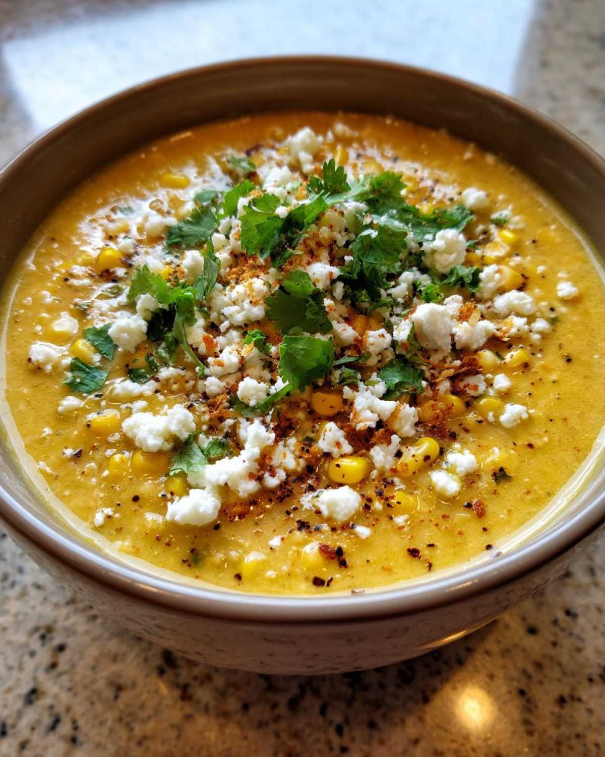 A close-up of a bowl of creamy Mexican street corn soup topped with cotija cheese, cilantro, and chili powder.