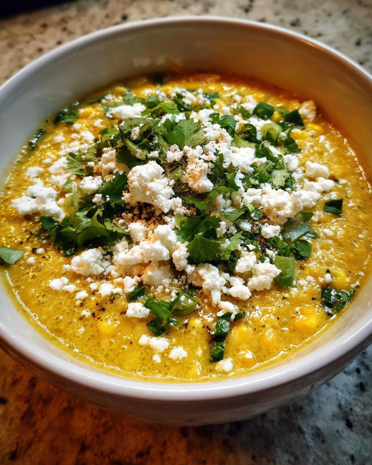 Close-up of a rich, yellow Mexican street corn soup topped generously with crumbled cotija cheese, fresh cilantro, and black pepper.