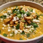 A close-up of a bowl of creamy Mexican street corn soup topped with crumbled cotija cheese, cilantro, and tortilla strips.