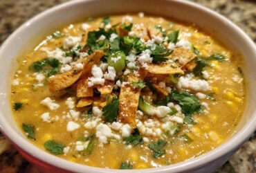 A close-up of a bowl of creamy Mexican street corn soup topped with crumbled cotija cheese, cilantro, and tortilla strips.