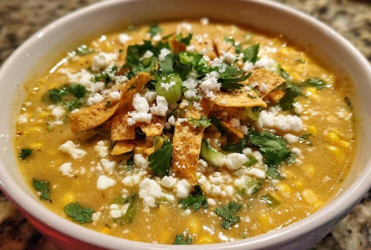 A close-up of a bowl of creamy Mexican street corn soup topped with crumbled cotija cheese, cilantro, and tortilla strips.